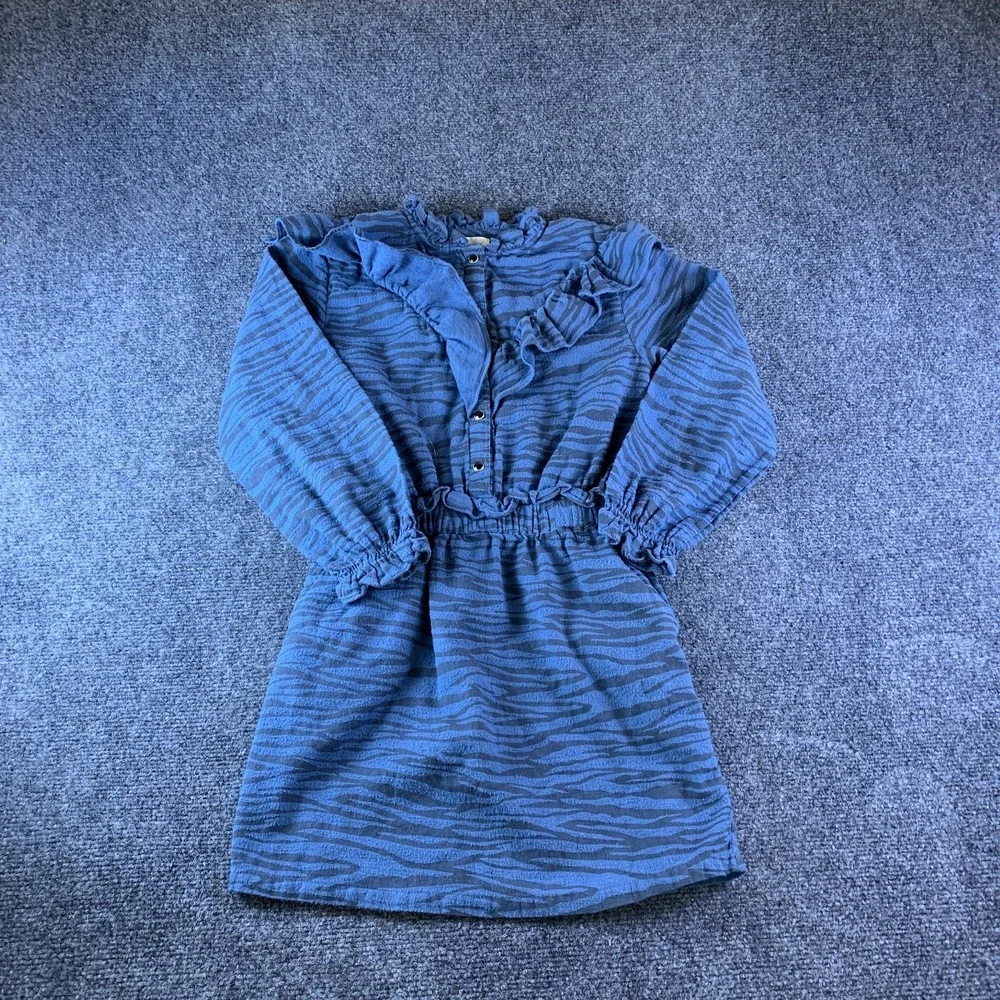 Louis Louise Folk Dress Girls 10 Blue Black Zebra Cotton Ruffled Puff Sleeve